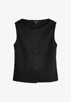 Must mustriga mustega kangast top ilma varrukateta, ümmarguse kaelusega ja esise nuppude sulgemisega, keskelt mitme nupuga.