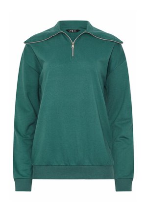 Donkergroene trui met lange mouwen en wijde kraag, voorzien van een halve rits en geribbelde manchetten en zoom.