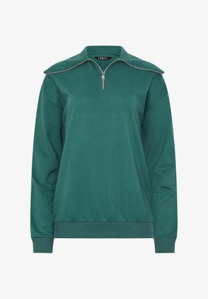 Donkergroene trui met lange mouwen en wijde kraag, voorzien van een halve rits en geribbelde manchetten en zoom.