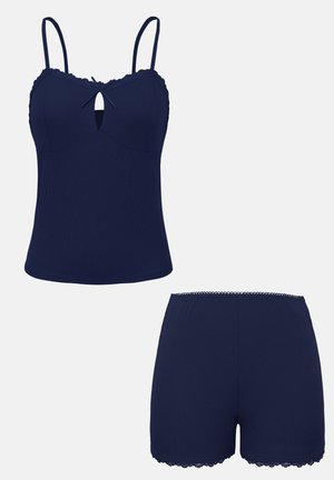 Navy blue ribbed camisole with lace trim, keyhole and bow detail, paired with matching ribbed shorts with lace hem.