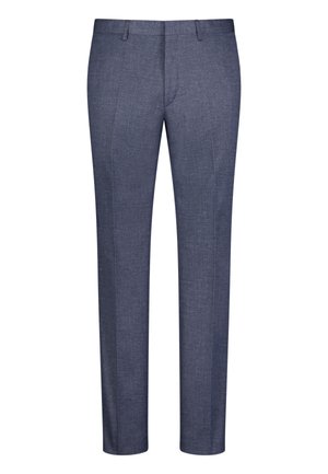 Navy blue tailored trousers made of textured fabric, featuring a flat front design, slight crease lines, and standard waistband with belt loops.