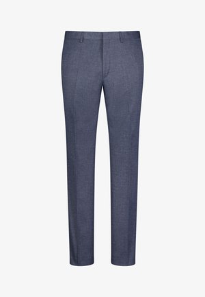 Navy blue tailored trousers made of textured fabric, featuring a flat front design, slight crease lines, and standard waistband with belt loops.