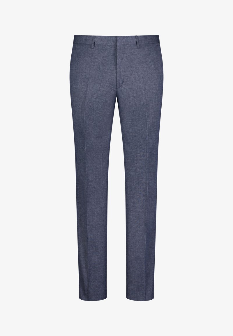 Navy blue tailored trousers made of textured fabric, featuring a flat front design, slight crease lines, and standard waistband with belt loops.