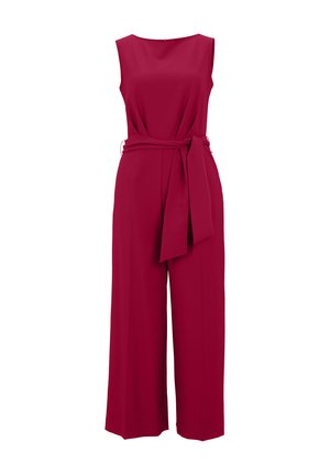 Sleeveless red jumpsuit with a wide-leg design, fabric belt tied at the waist, smooth texture, and round neckline.