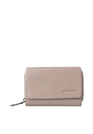 Gray leather wallet with a smooth texture, rectangular shape, front flap, and zipper closure. Features embossed brand logo on the surface.