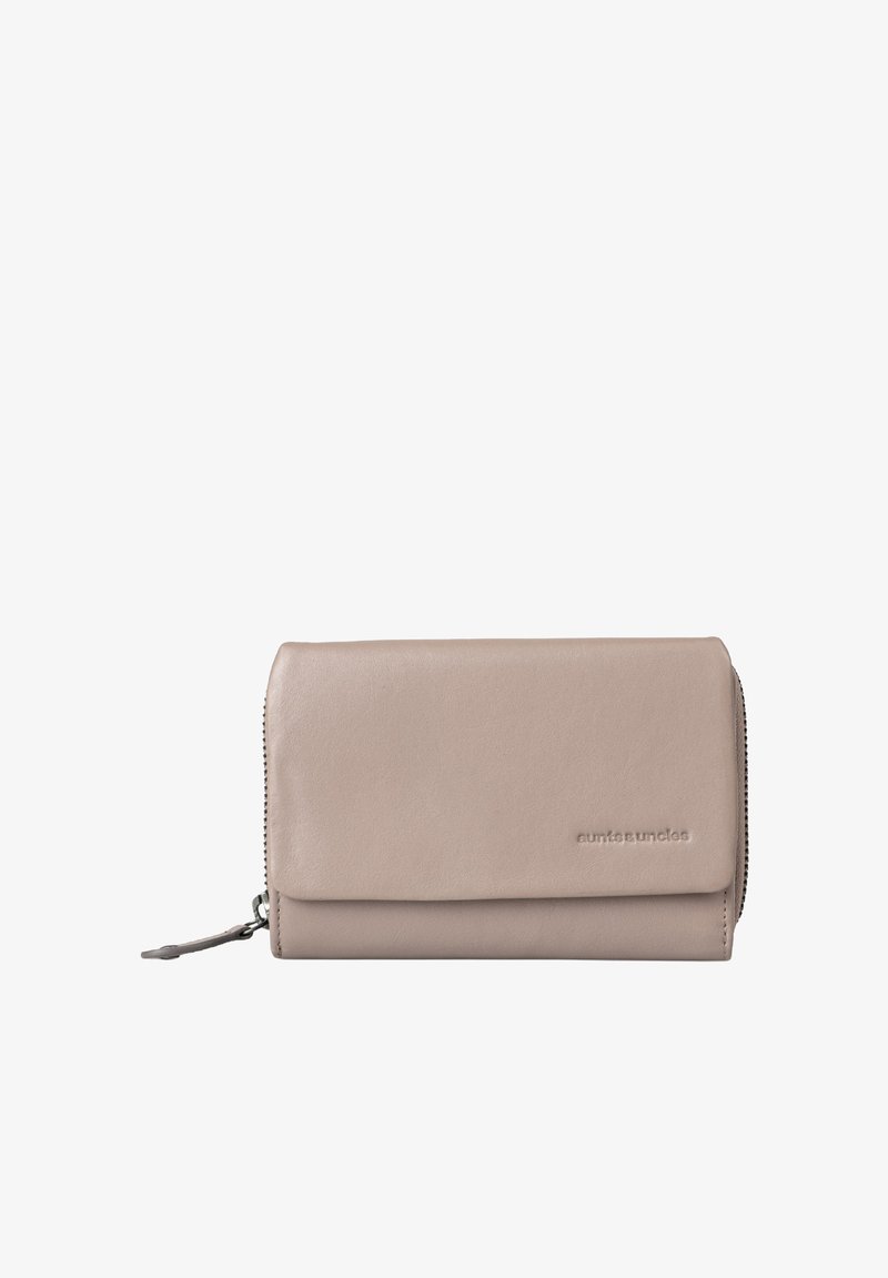 Gray leather wallet with a smooth texture, rectangular shape, front flap, and zipper closure. Features embossed brand logo on the surface.