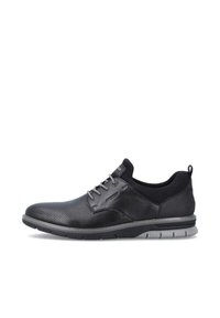 Black footwear featuring a combination of smooth and perforated leather. Rounded toe, lace-up design, and gray rubber sole.