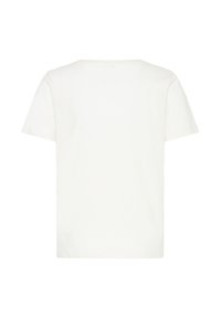 Camiseta blanca lisa de manga corta vista desde atrás, con cuello redondo y dobladillo recto.