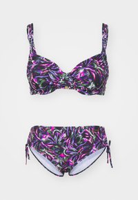 Bikini set featuring a floral pattern in purple, pink, green, and black. The top has adjustable straps, with a twisted design. Bottoms have ties.