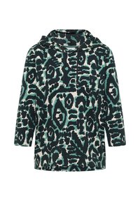 Sudadera con capucha en tejido suave, que presenta un audaz patrón abstracto en tonos de verde y negro sobre un fondo crema. Manga tres cuartos.