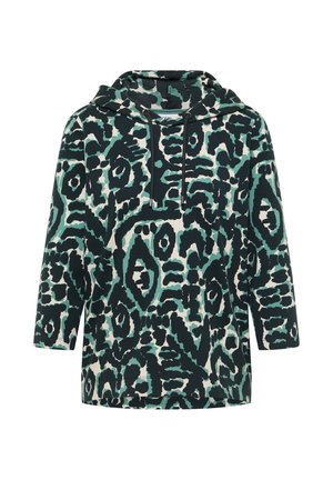 Huppari pehmeästä kankaasta, jossa on rohkea, abstrakti kuvio vihreän ja mustan sävyissä kerma-asustalla. Kolme neljännesosaa hihat.