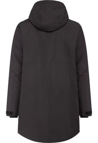 Black parka jacket with a hood, featuring a straight cut, a smooth texture, and Velcro cuffs. No visible patterns or accents.