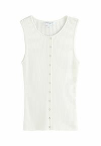 Weißes, geripptes Tanktop mit rundem Ausschnitt und vorderer Knopfleiste mit kleinen silbernen Knöpfen entlang der Mitte.