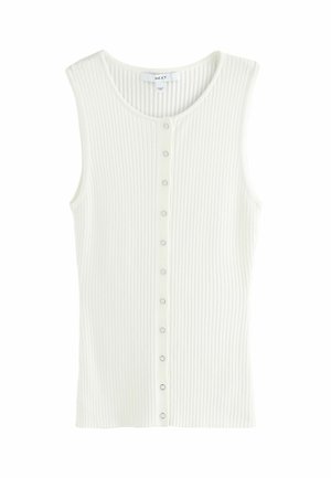 Baltas ribotu audiniu pasiūtas marškinėlių liemenėlės viršus su apvaliu kaklu ir priekyje užsegamas mažais sidabriniais mygtukais per visą centrą.