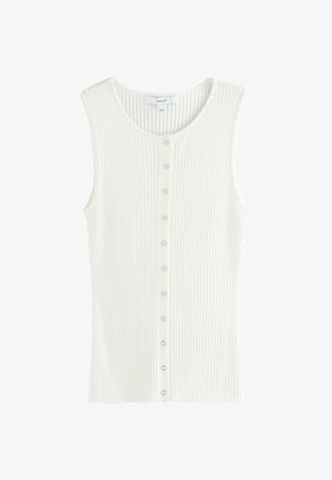 Bela rebrasta majica brez rokavov z okroglo izrezom in zapiranjem na sprednji strani z majhnimi srebrnimi gumbi vzdolž sredine.