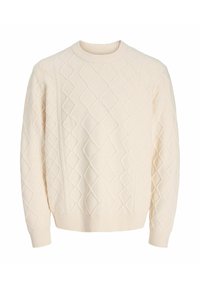 Cremfarbener Strickpullover mit strukturiertem Rautenmuster, geripptem Rundhalsausschnitt und Saum sowie langen Ärmeln mit gerippten Bündchen.