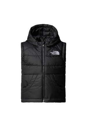 Čierna prešívaná vesta s kapucňou, predným zipsom, dvoma bočnými vreckami a logom "The North Face" na hrudi. Hladká vonkajšia textúra.