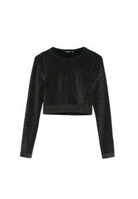 Top lungo a maniche corte, nero e corto, realizzato in un tessuto lucido e testurizzato. Presenta un collo rotondo e polsini aderenti. Design semplice senza decorazioni.