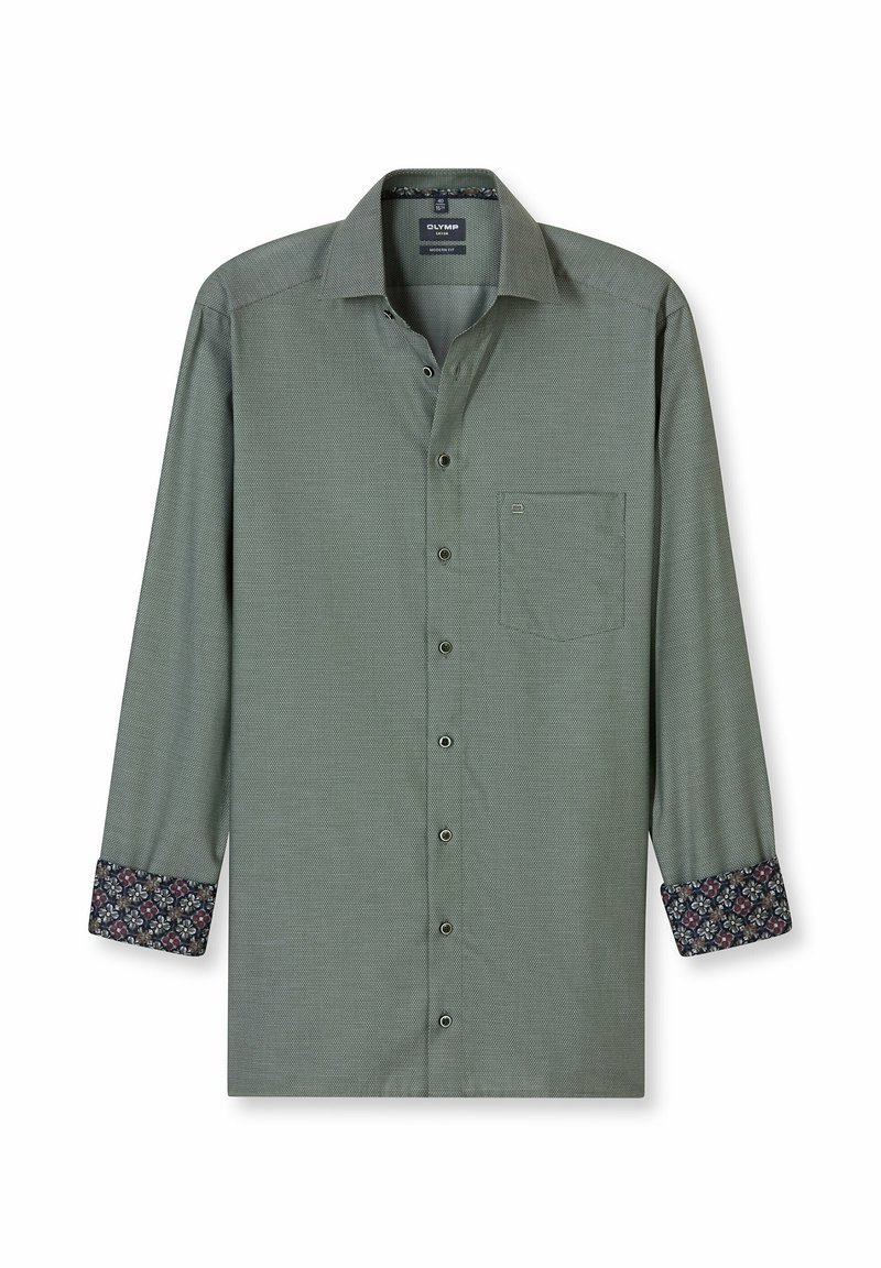 Grünes Hemd aus strukturiertem Stoff mit Knöpfen. Es verfügt über eine Brusttasche und gemusterte florale Akzente an den Manschetten. Lange Ärmel.