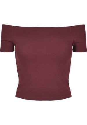 Top burgundiu, cu umerii descoperiți, realizat dintr-un material ribbed; design ajustat cu mâneci scurte și un tiv drept, oferind o textur�ă netedă.