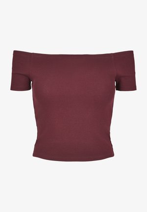 Burgundy off-shoulder topp i ribbat tyg; figurnära design med korta ärmar och rak nederkant, som ger en jämn textur.