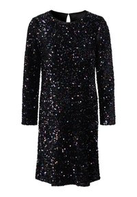 Robe noire recouverte de sequins scintillants, avec un col rond, des manches longues et un détail en trou de serrure au dos.