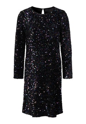 Zwarte jurk bedekt met glinsterende pailletten, met een ronde halslijn, lange mouwen en een sleutelgaatje aan de achterkant.