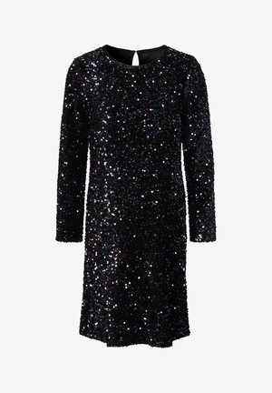 Zwarte jurk bedekt met glinsterende pailletten, met een ronde halslijn, lange mouwen en een sleutelgaatje aan de achterkant.