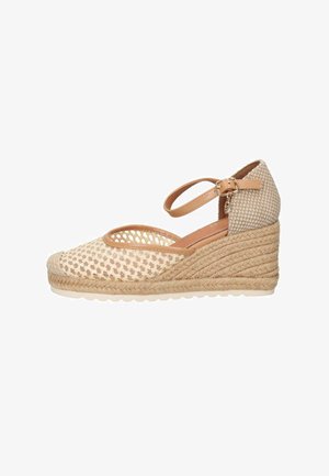 Scarpa espadrille beige con zeppa in iuta intrecciata, tomaia in rete e cinturino alla caviglia regolabile con fibbia.