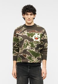 Πλεκτό πουλόβερ με παραλλαγμένο σχέδιο σε πράσινες, καφέ και μπεζ αποχρώσεις, με γραφικό σχέδιο προσώπου στο στήθος και ριμπ τελείωμα στο λαιμό.