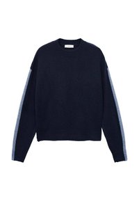 Mornarško modra pletena pulover s dolgimi rokavi, ki ima svetlo modre črte ob rokavih in rebrast krožni izrez. Skrajšana zasnova.