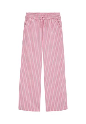Růžové a bílé volné kalhoty s vertikálním pruhováním, elastickým pasem a předním šňůrkováním.