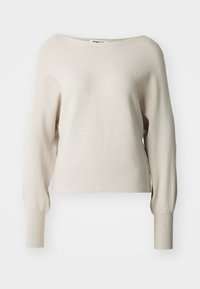 Beige ribbed sweater with a wide neckline, long sleeves, and fitted cuffs. Soft texture with subtle horizontal stripes. Brand label visible.