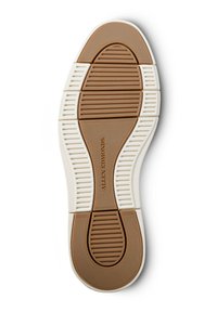 Suola in gomma marrone con accenti bianchi, caratterizzata da pattern testurizzati e scanalature per una migliore aderenza. Nome del marchio impresso sulla suola.