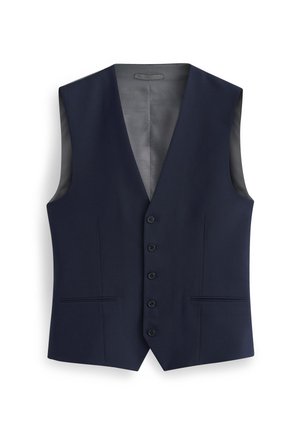 Marine vest met een V-hals ontwerp, voorzien van zes knopen, twee voorkanten zakken en een gladde binnenvoering. Slank gesneden, zonder mouwen.