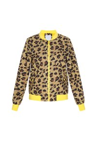 Leopardmönstrad bomberjacka med gula ribbade manschetter och krage, med dragkedja fram och lätt tyg. Detaljer inkluderar svarta fläckar på en tanbas.