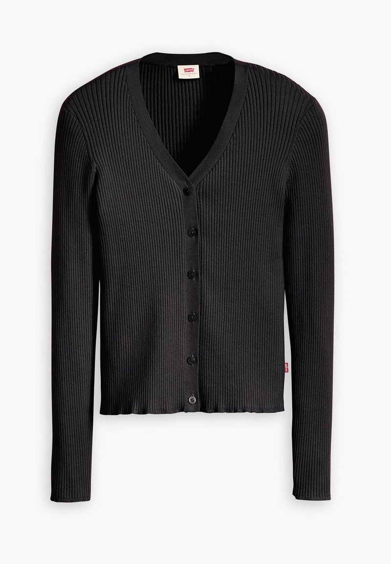 Schwarze gerippte Strickjacke mit V-Ausschnitt, langen Ärmeln und Knopfleiste, ausgestattet mit einem gewellten Saum und einem kleinen Etikett an der Seite.