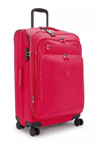 Hartschalenkoffer in Pink mit Doppelreißverschlüssen, mehreren Fronttaschen, einem ausziehbaren Griff und vier Rolling-Rädern für einfache Mobilität.