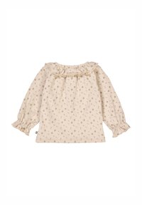 Cremefarbene Babybluse mit langen Ärmeln, bedruckt mit rosa und braunen Blumen, Rüschenkragen und elastischen Rüschensäumen.