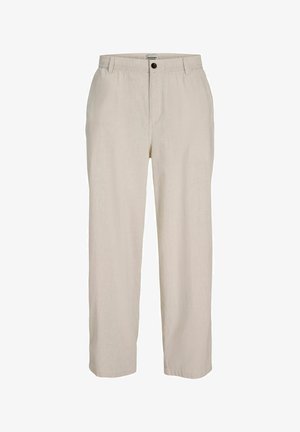 Pantaloni beige a gamba dritta con chiusura con bottone e zip, passanti per cintura e tasche laterali, realizzati in tessuto leggero.