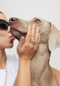 Bague en or avec trois pierres bleues et transparentes portée sur une main touchant le visage d'un chien gris clair ; une femme portant des lunettes de soleil noires embrasse le chien.