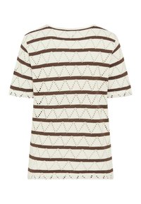 Weißes, kurzärmeliges Strickoberteil mit braunen horizontalen Streifen und durchgehendem dreieckigem Lochmuster.