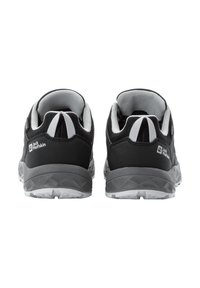 Black athletic shoes with grey accents, featuring a mesh upper, padded collar, and textured rubber soles. Logo present on the heel.