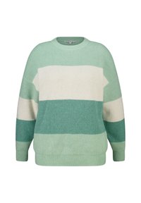 Pull à rayures vertes avec des nuances alternées de menthe, crème et vert foncé. Texture côtelée douce, encolure ronde et coupe décontractée.