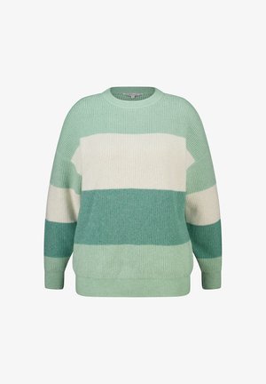 Groen gestreepte trui met afwisselende tinten mint, crème en donkerder groen. Zachte geribbelde textuur, ronde halslijn en een ontspannen pasvorm.