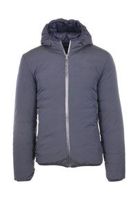 Giacca imbottita blu navy con cappuccio, cerniera frontale e maniche lunghe, mostrata su uno sfondo bianco.