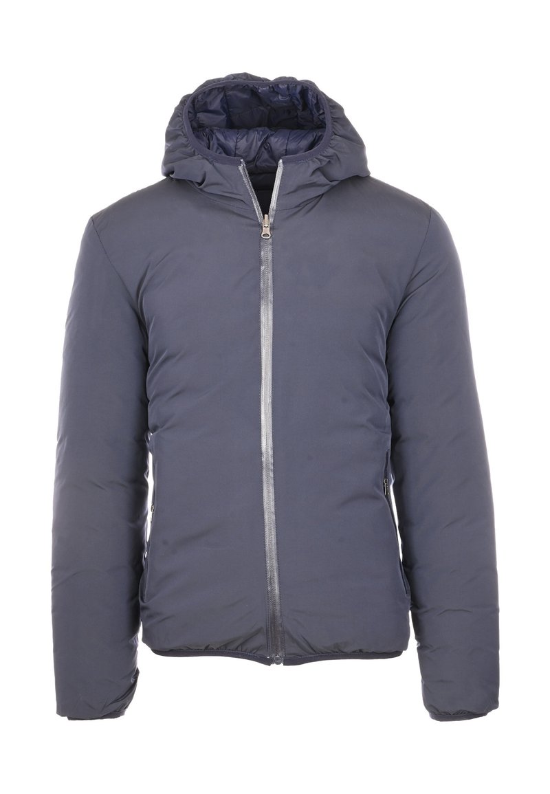 Giacca imbottita blu navy con cappuccio, cerniera frontale e maniche lunghe, mostrata su uno sfondo bianco.