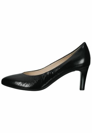 Black high heel shoe with a glossy leather upper, pointed toe, and slim heel. Features a smooth texture and sleek, minimalist design.