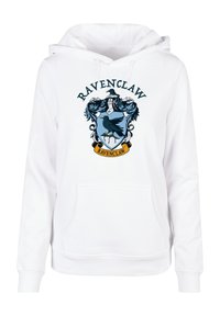 Felpa bianca con cappuccio caratterizzata da uno stemma centrale blu di Ravenclaw con un corvo, dettagli ornamentali e il testo "RAVENCLAW" sopra l'emblema.