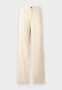 Pantaloni beige a gamba larga realizzati in tessuto leggero. Presentano una chiusura frontale con bottone e orli dritti. Texture liscia con cuciture minime.